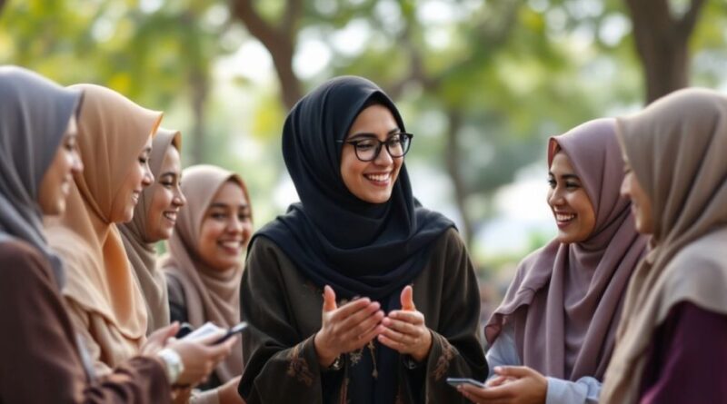 Kelompok orang beragam berdiskusi di luar ruangan.