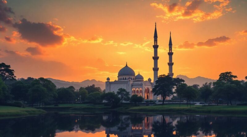 Masjid indah di latar belakang alam yang tenang.