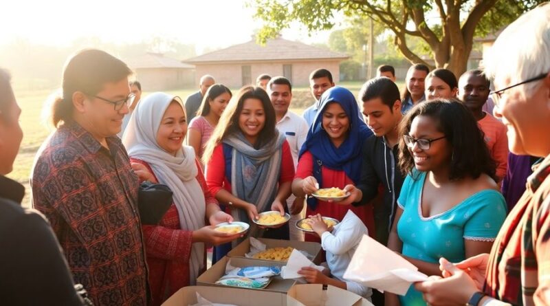 Gambar komunitas berbagi makanan dengan senyum dan kebersamaan.